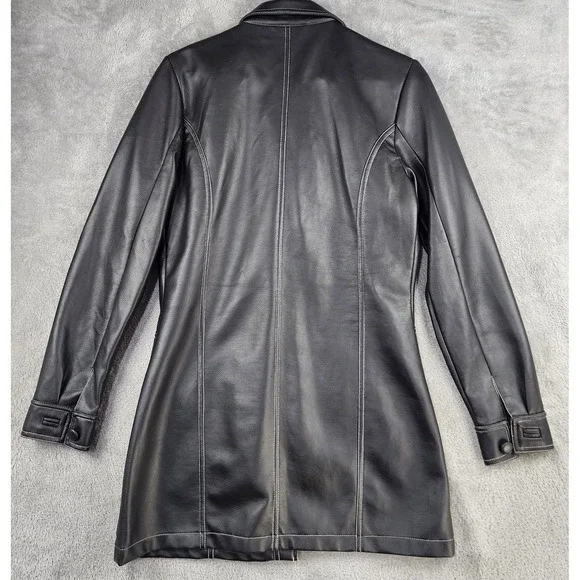 Neutral Zone Coat Womens Small Black Faux Leather  Longline Button Front Vintage - Picture 2 of 15